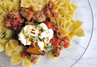 lamb and eggplant with pasta and yogurt sauce: a recipe from Melissa Clark, who writes "The Good Appetite" column in the New York Times.