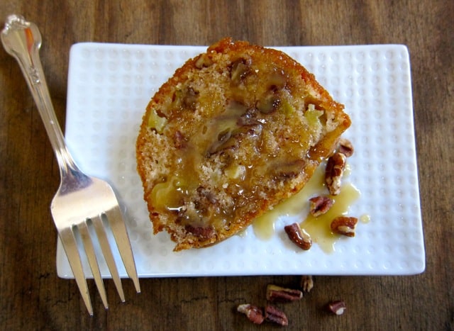  A homemade pound cake filled with apples, studded with pecans and covered with a caramel glaze.